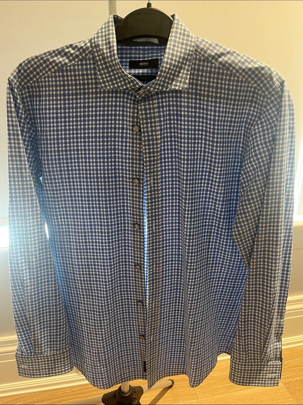 BOSS Blue and White Gingham Lightweight Button-Down Shirt